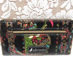 sakroots OWL Slim Wallet Zipper Cards Coated Canvas Black Green Billfold